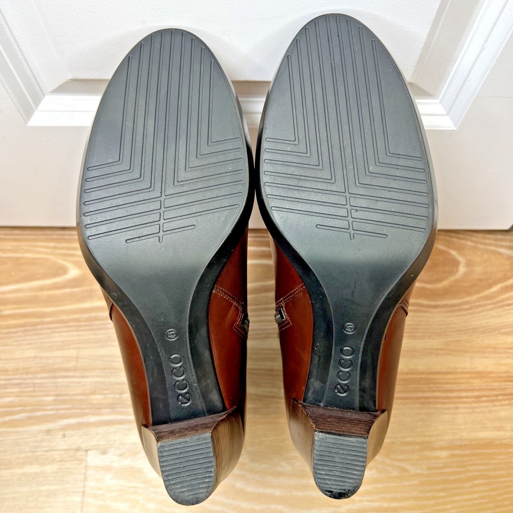 ECCO Brown Leather Block Heel Ankle Boots EU 41 US 10 Quilted Collar Zip Comfort - Picture 8 of 13